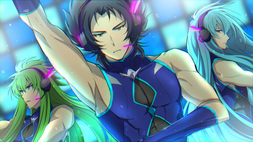 3boys aquarius_degel arm_up black_hair blue_eyes blue_gloves blue_hair brown_eyes capricorn_el_cid closed_mouth dutch_angle elbow_gloves floating_hair frown gloves green_hair hair_between_eyes half-closed_eyes headphones headset idol jo_tashiro long_hair male_focus microphone multiple_boys pisces_albafica saint_seiya saint_seiya:_the_lost_canvas sleeveless upper_body very_long_hair