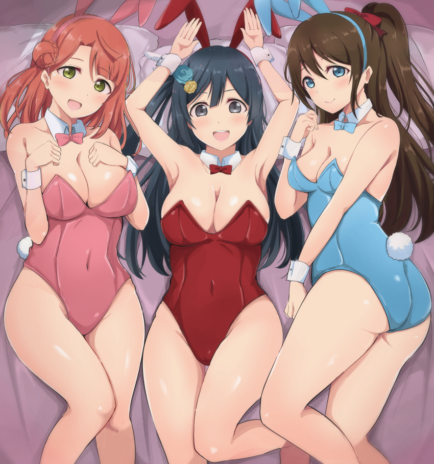 3girls absurdres animal_ears azuna_(love_live!) bare_legs black_eyes black_hair blue_eyes blue_leotard blunt_bangs bow braid braided_bun breasts brown_hair cleavage clothing_cutout commission detached_collar fake_animal_ears feather_hair_ornament feathers flower grey_eyes hair_between_eyes hair_bun hair_flower hair_ornament hairbow hairpin half_updo highleg highleg_leotard highres leotard long_hair love_live! love_live!_nijigasaki_high_school_idol_club medium_hair multiple_girls navel_cutout one_side_up orange_hair osaka_shizuku pink_hair pixiv_commission playboy_bunny ponytail rabbit_ears rabbit_pose rabbit_tail red_bow red_leotard sidelocks single_side_bun strapless strapless_leotard swept_bangs tail uehara_ayumu wewe wrist_cuffs yellow_eyes yuki_setsuna_(love_live!)