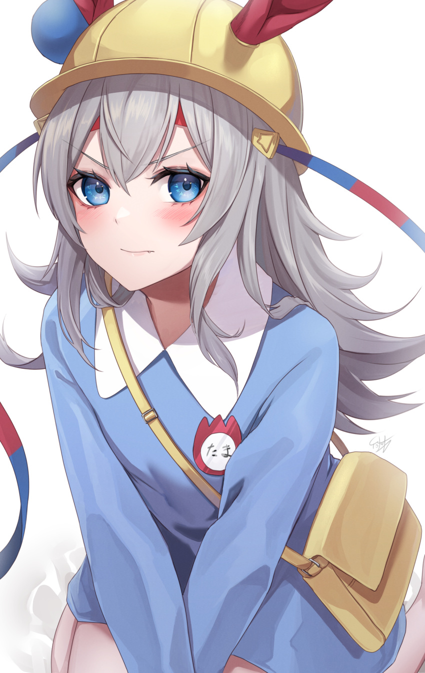 animal_ears bag blue_eyes blush closed_mouth female grey_hair hair_between_eyes hat highres horse_ears horse_girl horse_tail ironatsuki kindergarten_bag kindergarten_uniform long_hair long_sleeves oerba_yun_fang school_hat signature solo tail tamamo_cross_(umamusume) umamusume yellow_hat