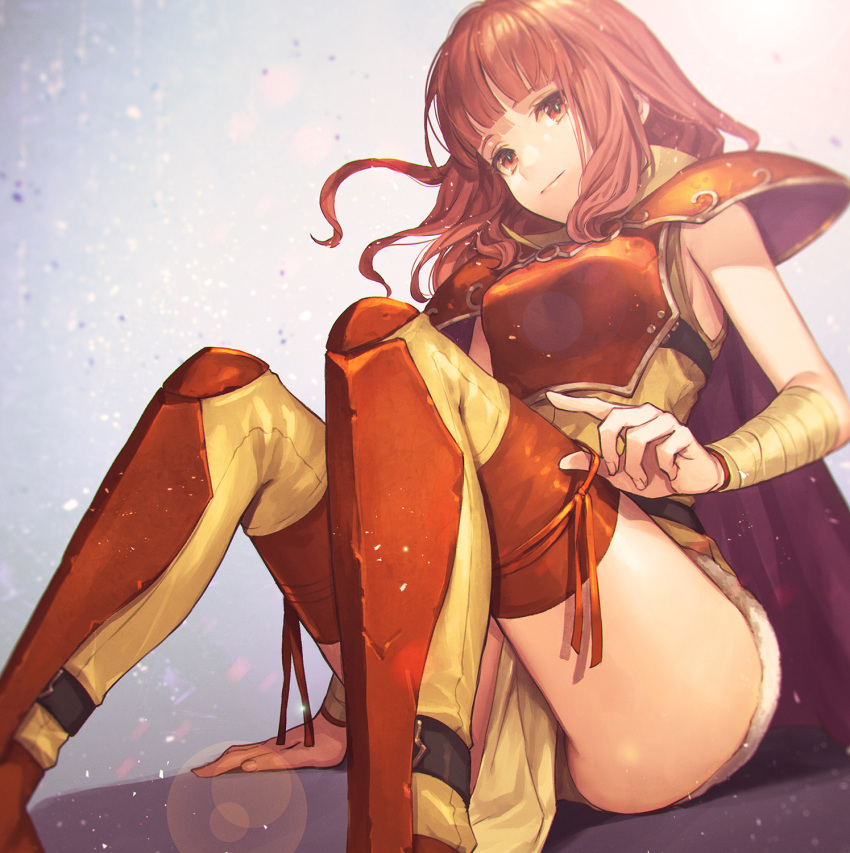 armor bandaged_arm bandages bloom blunt_bangs blurry blurry_background bokeh breastplate cape celica_(fire_emblem) celica_(warrior_princess)_(fire_emblem) closed_mouth depth_of_field feet_out_of_frame female fire_emblem fire_emblem_echoes:_shadows_of_valentia fire_emblem_gaiden fire_emblem_heroes fujikawa_arika gradient_background grey_background hand_on_thigh high_collar highres lens_flare light_particles long_hair motion_blur pauldrons pelvic_curtain red_eyes red_hair ribbon shin_guards shoulder_armor sitting sleeveless solo strap thighhighs thighs