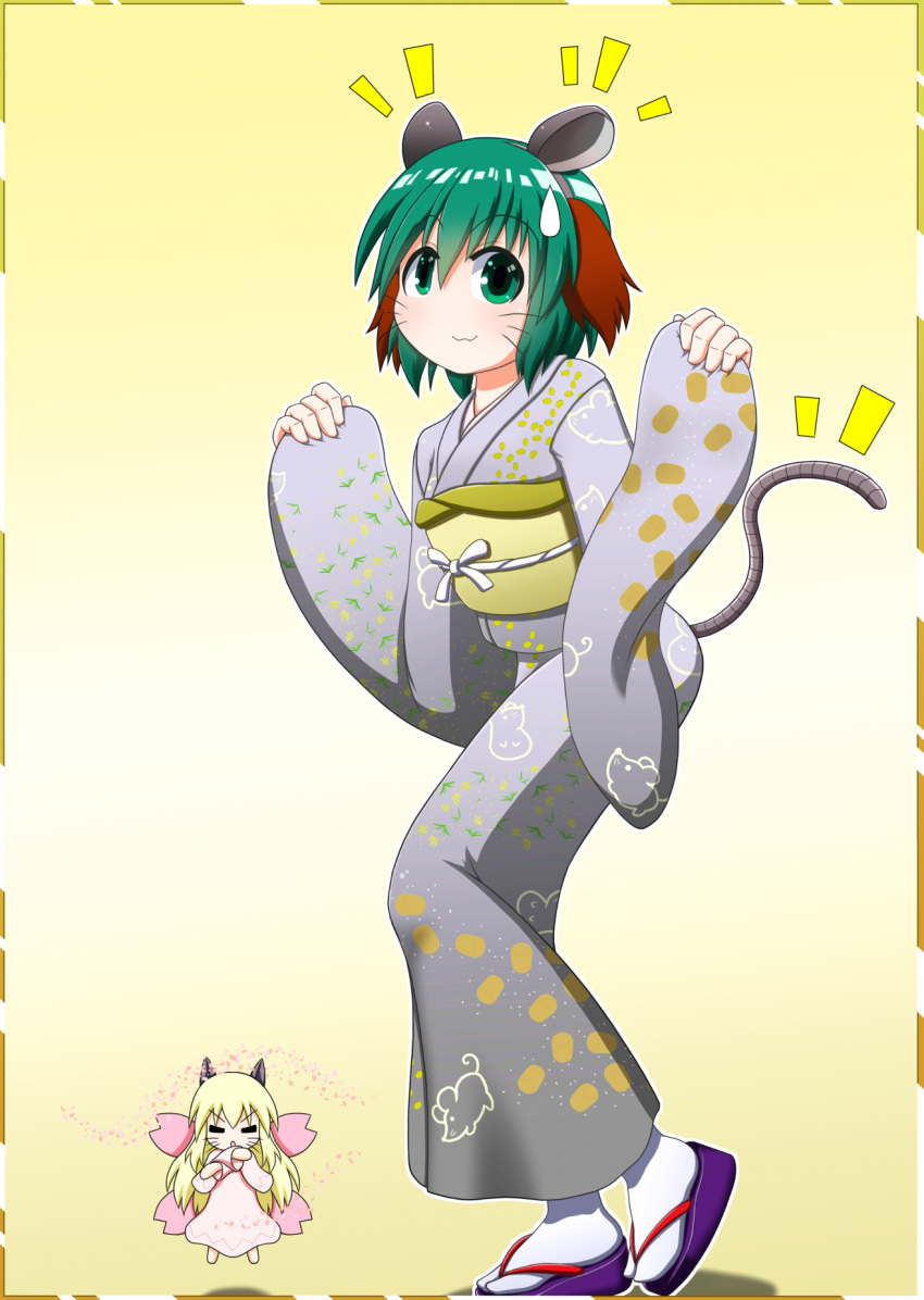 2girls :3 =_= alternate_costume animal_ears arms_up border chibi chinese_zodiac commentary crossed_arms dress fairy_wings fake_animal_ears floating floral_print gradient_background green_eyes green_hair grey_kimono hair_between_eyes headband highres japanese_clothes kasodani_kyouko kimono leaning_forward leg_lift light_blush lily_white looking_at_viewer mouse_ears mouse_print multiple_girls new_year notice_lines obi petals pink_dress print_kimono rakugaki-biyori sandals sash short_hair sleeves_past_wrists standing standing_on_one_leg striped_border sweatdrop tabi touhou whiskers white_legwear wings year_of_the_rat yellow_background yellow_border zouri