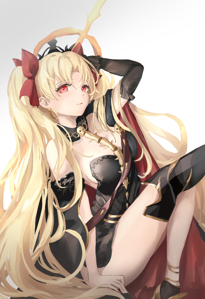 anklet arm_behind_head arm_support arm_up asymmetrical_legwear between_breasts black_cloak black_dress black_gloves black_thighhighs blonde_hair blush breasts chains cleavage cloak closed_mouth commentary detached_collar diadem dress earrings elbow_gloves ereshkigal_(fate) fate/grand_order fate_(series) female frills fur-trimmed_cloak fur_trim gloves gradient_background hair_intakes hair_ribbon highres holding holding_weapon hoop_earrings infinity_symbol jewelry lielac light_smile lips long_hair looking_at_viewer medium_breasts meslamtaea_(weapon) microdress necklace off_shoulder outstretched_leg over-kneehighs parted_bangs photoshop_(medium) red_cloak red_eyes red_ribbon ribbon single_elbow_glove single_over-kneehigh single_sock single_thighhigh sitting skull socks solo spine thighhighs thighs tiara two-sided_cloak two-sided_fabric two_side_up very_long_hair weapon weapon_behind_back white_background