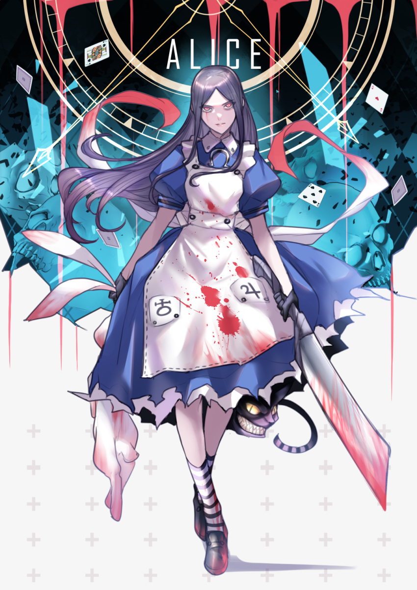 alice_liddell_(american_mcgee's_alice) american_mcgee's_alice apron ban!_(bansankan) black_hair blood blood_on_clothes blood_on_face carcass card cat_tail character_name cheshire_cat_(alice_in_wonderland) cleaver commentary dress female five_of_spades from_side highres pale_skin parted_bangs parted_lips playing_card rabbit red_eyes sharp_teeth shoes sidelocks skull smile socks solo striped_clothes striped_socks tail teeth weapon