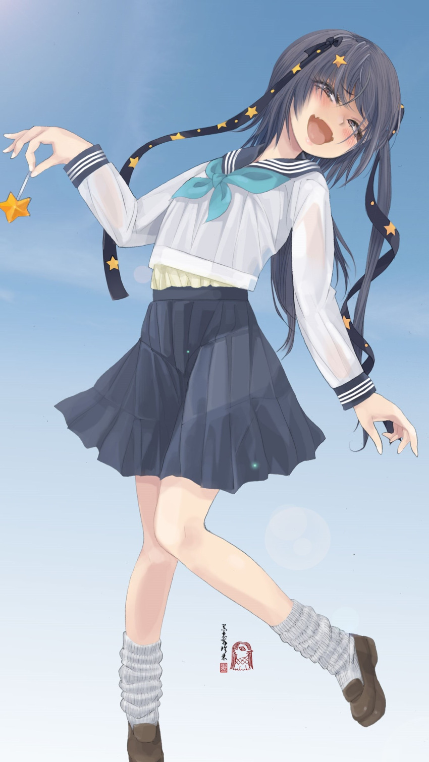 absurdres alternate_costume black_ribbon black_sailor_collar black_skirt blue_neckerchief brown_footwear candy cloritin fangs female food full_body grey_eyes grey_hair hair_ribbon highres kantai_collection loafers lollipop long_hair looking_at_viewer loose_socks myoukou_pose neckerchief open_mouth pleated_skirt ribbon sailor_collar scamp_(kancolle) school_uniform serafuku shoes side_ponytail skin_fangs skirt smile socks solo standing star_(symbol)