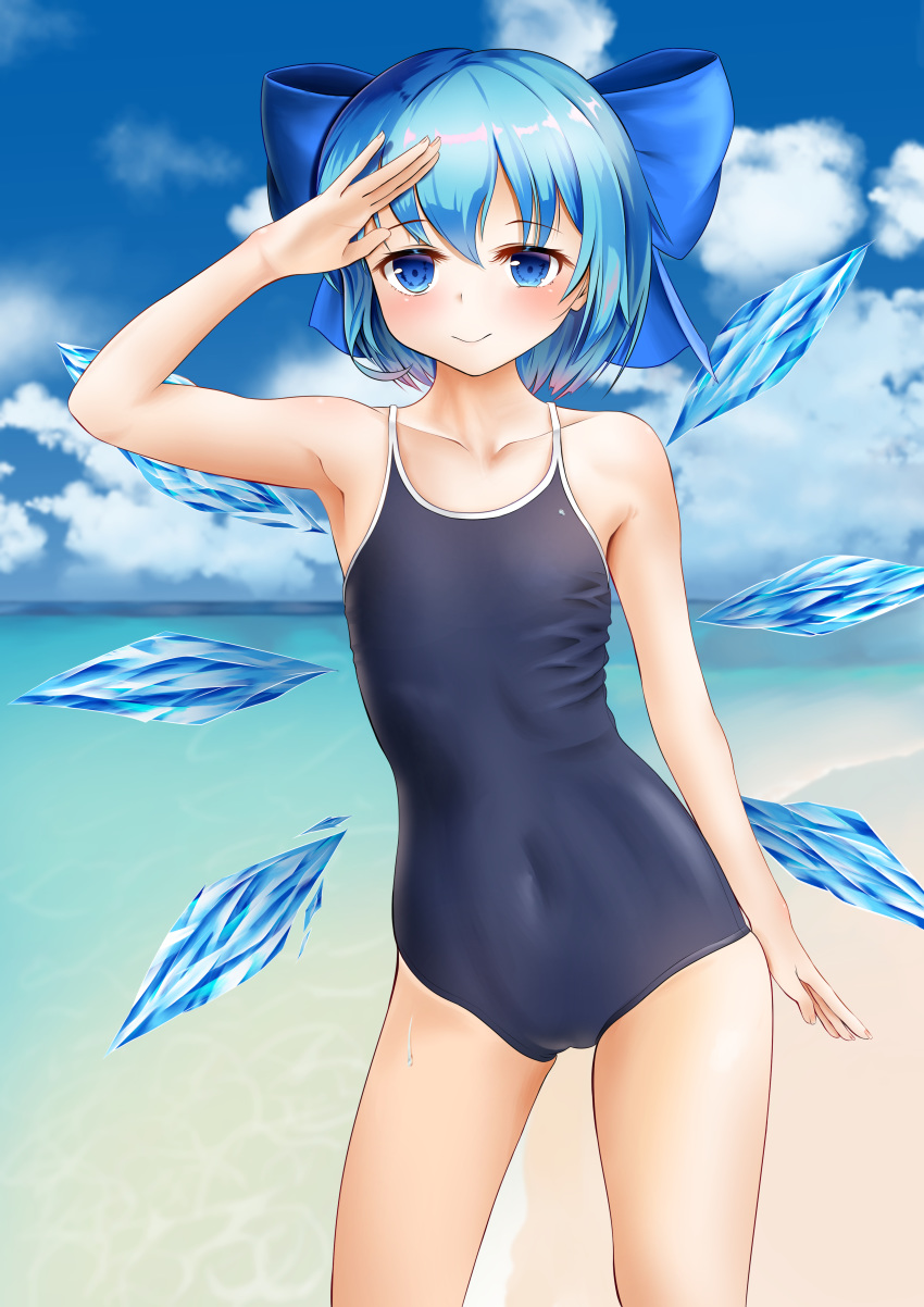 absurdres arm_up armpits bare_arms bare_shoulders beach blue_bow blue_eyes blue_hair blue_one-piece_swimsuit blue_sky blush bow cirno cloud collarbone commentary covered_navel cowboy_shot day female hairbow highres ice ice_wings looking_at_viewer ocean one-piece_swimsuit outdoors short_hair sky smile solo standing swimsuit thighs touhou ukua_(otokonoko) water wings