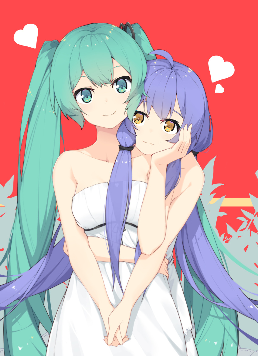 2girls absurdres ahoge alternate_costume aqua_eyes aqua_hair arm_around_waist bare_arms bare_shoulders blue_hair closed_mouth collarbone commentary cowboy_shot dress english_commentary fingernails hand_on_another's_cheek hand_on_another's_face hand_up hatsune_miku head_on_another's_shoulder head_tilt heart highres holding_hands hug hug_from_behind interlocked_fingers light_blush long_fingernails long_hair looking_at_another looking_at_viewer multiple_girls purple_hair quad_tails red_background sidelocks smile strapless strapless_dress twintails v_arms very_long_hair vocaloid white_dress xingchen yellow_eyes yuri zhayin-san