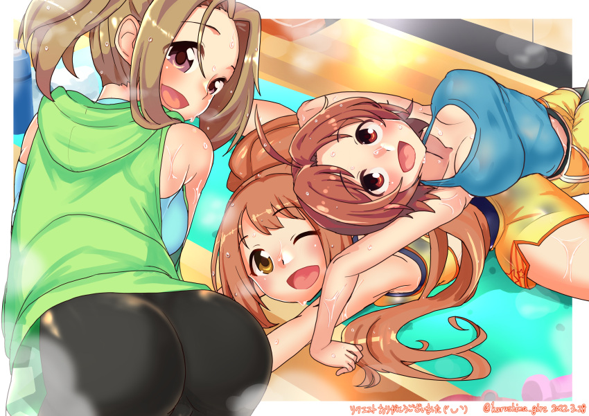 3girls absurdres blonde_hair breasts brown_hair check_commentary cleavage collarbone commentary_request covered_nipples dripping exercising floor from_above highres idolmaster idolmaster_cinderella_girls indoors kurushima_gire large_breasts looking_at_viewer looking_back manabe_itsuki mat multiple_girls on_floor one_eye_closed open_mouth parted_bangs pink_eyes ponytail red_eyes saito_yoko shorts sleeveless smile stain steam stretching sweat sweaty_clothes tank_top wakabayashi_tomoka wet wet_hair yellow_eyes yoga_mat