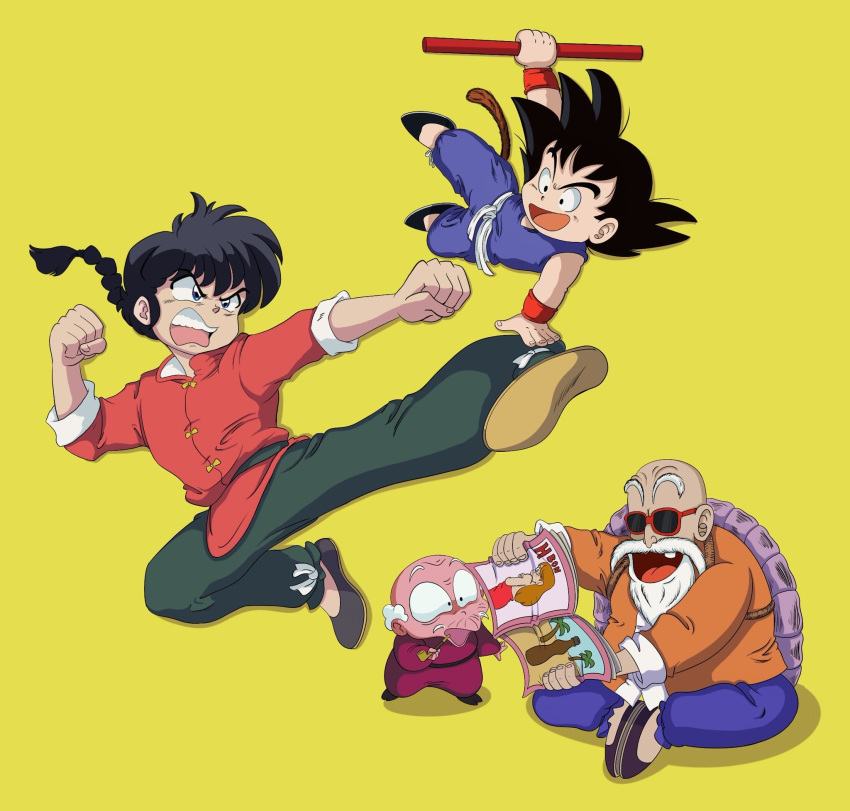 4boys bald beard black_eyes black_footwear black_hair blue_eyes bo_staff braid chinese_clothes clenched_hands commentary crossover dougi dragon_ball dragon_ball_(classic) duel english_commentary facial_hair flying_kick happosai highres holding holding_magazine holding_staff jacket kicking looking_at_another magazine_(object) male_focus midair monkey_tail multiple_boys muten_roushi natfoe old old_man open_magazine open_mouth pants pornography ranma_1/2 reading red_jacket ruyi_jingu_bang saotome_ranma shoes simple_background single_braid sitting smile son_goku spiked_hair staff standing sunglasses tail tangzhuang teeth trait_connection turtle_shell upper_teeth_only white_hair yellow_background