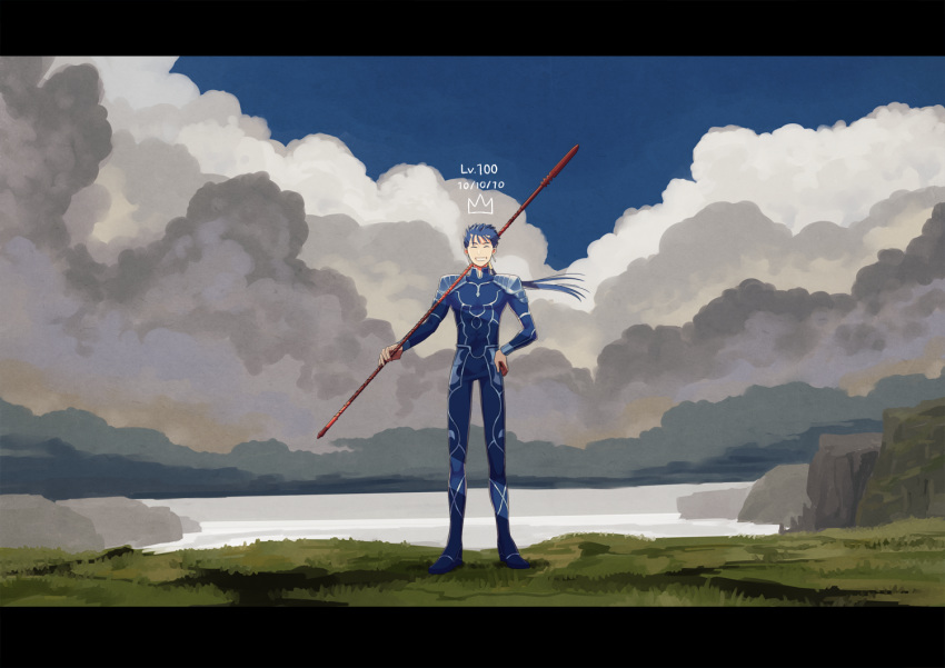 1boy ^_^ armor bad_id bad_pixiv_id beads blue_hair blue_sky bodysuit cliff closed_eyes cloud crown cu_chulainn_(fate) cu_chulainn_(fate/stay_night) earrings fate/grand_order fate/stay_night fate_(series) gae_bolg_(fate) grin hair_beads hair_ornament hand_on_own_hip holding holding_weapon jewelry letterboxed long_hair male_focus ooba outdoors pauldrons polearm ponytail scenery shoulder_armor sky smile solo spear spiked_hair standing water weapon wide_shot