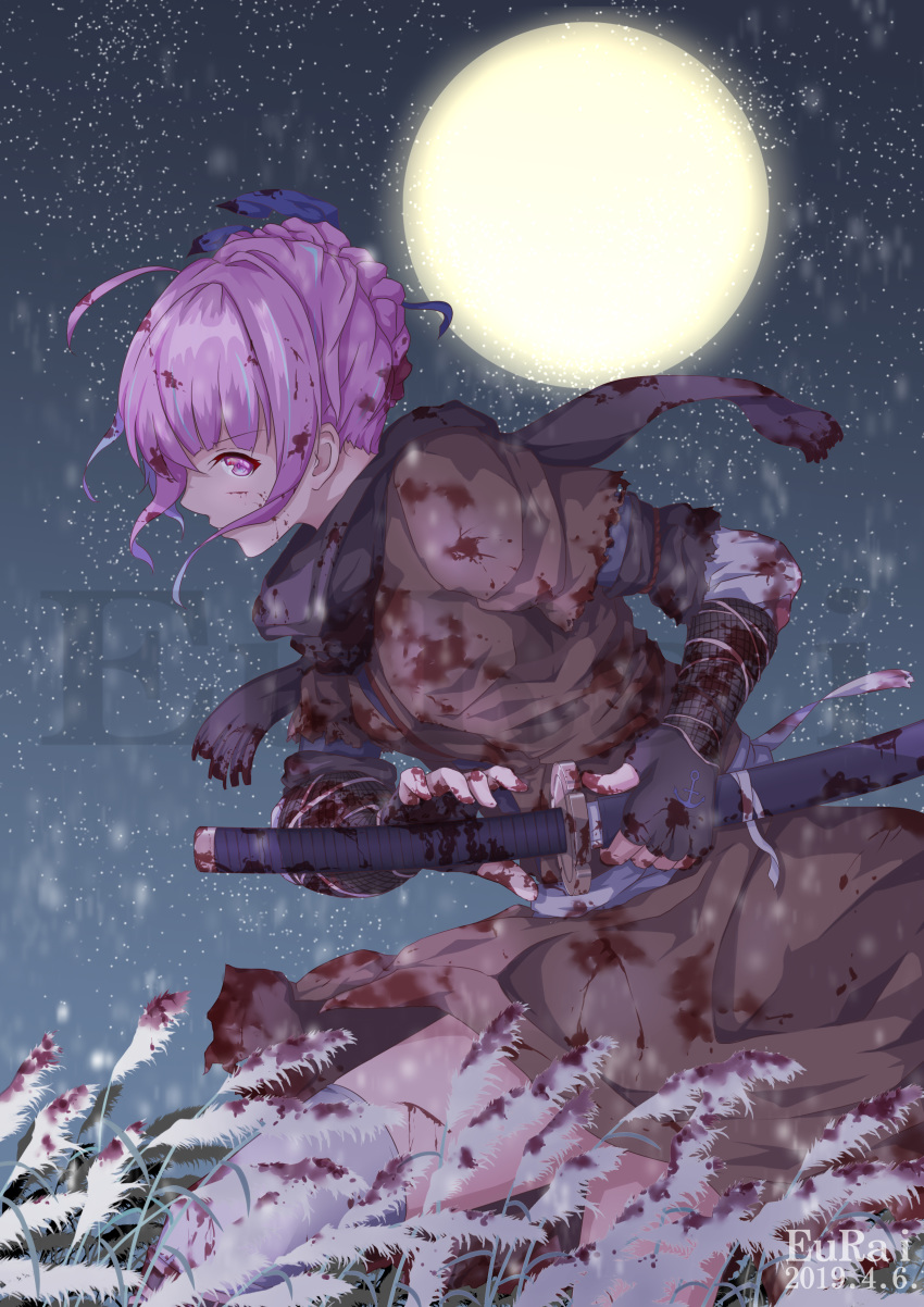 blood eurai japanese_clothes ninja sword thighhighs torn_clothes