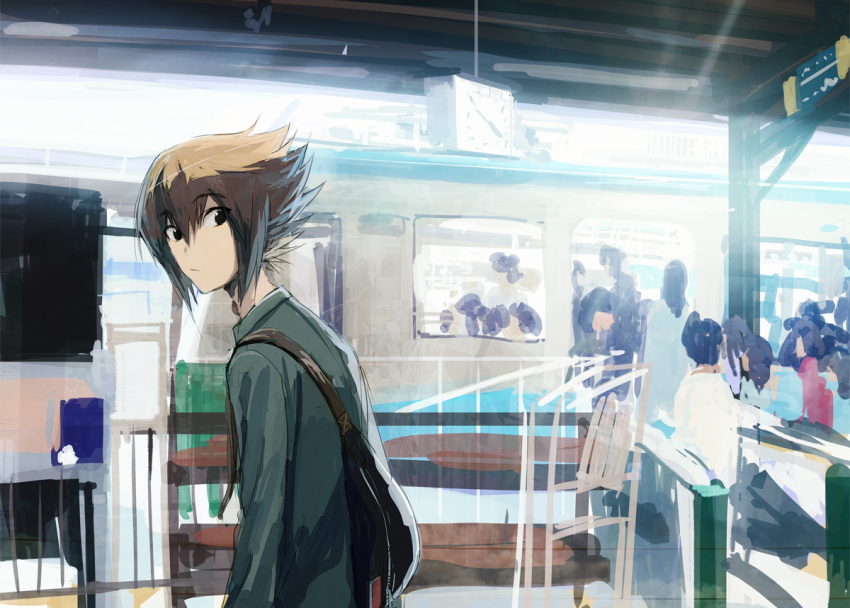 1boy backpack bag brown_hair clock closed_mouth commentary_request green_shirt hair_between_eyes looking_at_viewer male_focus moribuden multicolored_hair people shirt short_hair train train_station train_station_platform two-tone_hair upper_body yu-gi-oh! yu-gi-oh!_gx yuki_judai