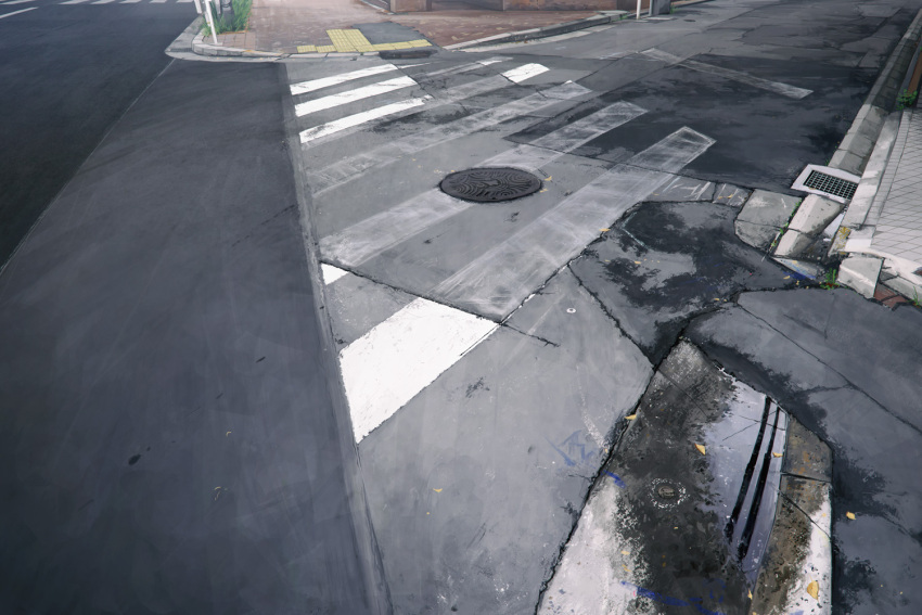 city commentary_request day drain_(object) grass manhole_cover moribuden no_humans original outdoors photorealistic puddle realistic road scenery street tactile_paving water