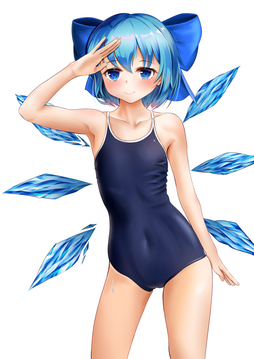 absurdres arm_up armpits bare_arms bare_shoulders blue_bow blue_eyes blue_hair blue_one-piece_swimsuit blush bow cirno collarbone commentary covered_navel cowboy_shot female hairbow highres ice ice_wings looking_at_viewer one-piece_swimsuit short_hair simple_background smile solo standing swimsuit thighs touhou ukua_(otokonoko) white_background wings