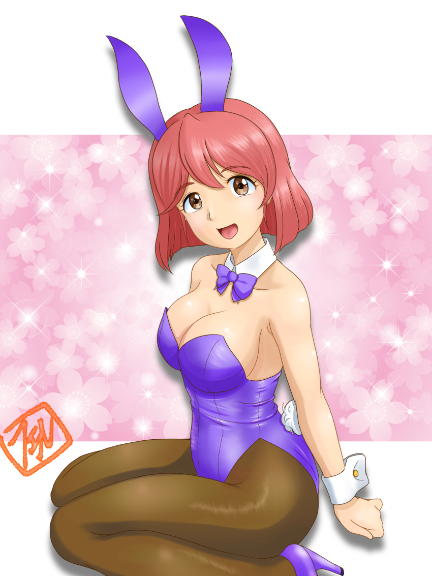 absurdres animal_ears artist_logo bow bowtie breasts brown_eyes brown_pantyhose cleavage commentary_request detached_collar felniam female highres kneeling large_breasts leotard looking_at_viewer original pantyhose playboy_bunny purple_bow purple_bowtie purple_leotard rabbit_ears rabbit_tail red_hair short_hair solo strapless strapless_leotard tail wrist_cuffs