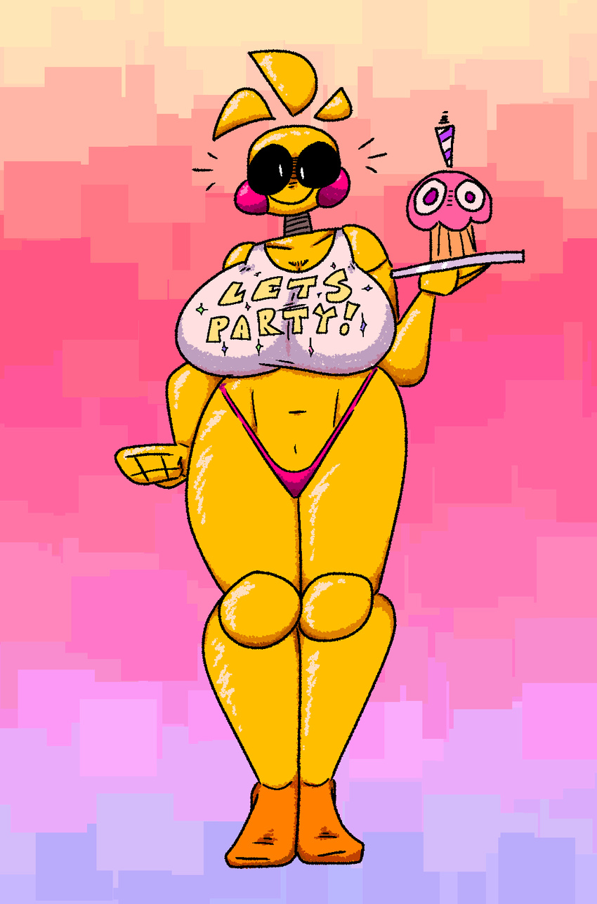 2020 animatronic anthro avian beakless bib big_breasts biped bird black_sclera blush blush_stickers breasts candle chicken clothing cupcake_(fnaf) curvy_figure digital_media_(artwork) duo english_text feet female fist five_nights_at_freddy's five_nights_at_freddy's_2 floating_hair galliform gallus_(genus) gradient_background happy hi_res huge_breasts long_legs looking_at_viewer machine non-mammal_breasts orange_feet phasianid pink_clothing pink_thong pink_underwear plate qoolbunart robot scottgames simple_background smile solo text thong toy_chica_(fnaf) underwear voluptuous white_eyes wide_hips yellow_body