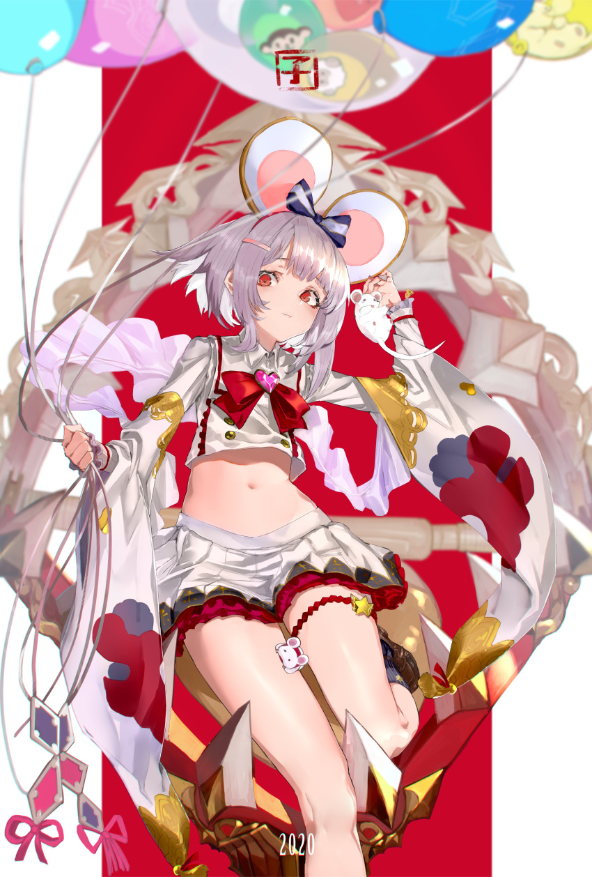 2020 absurdres animal animal_ears balloon blurry bow bowtie brooch chinese_zodiac collared_shirt crop_top crop_top_overhang female granblue_fantasy grey_hair hair_ornament hairband hairclip heart heart_brooch highres holding holding_balloon jewelry kumonji_aruto leg_up loafers long_sleeves looking_at_viewer midriff miniskirt mouse_(animal) mouse_ears navel parted_lips pleated_skirt red_eyes shirt shoes short_hair skirt socks solo thigh_strap thighs vikala_(granblue_fantasy) white_shirt white_skirt wide_sleeves year_of_the_rat