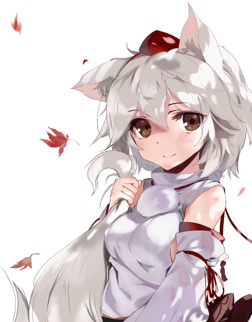 absurdres animal_ear_fluff animal_ears autumn_leaves blush breasts brown_eyes commentary_request derivative_work detached_sleeves female hair_between_eyes hand_up hat highres holding_own_tail inubashiri_momiji ke-ta_(style) korean_commentary long_sleeves looking_at_viewer medium_breasts pom_pom_(clothes) shirt short_hair smile solo tail tokin_hat touhou ukua_(otokonoko) upper_body white_hair white_shirt wolf_ears wolf_tail