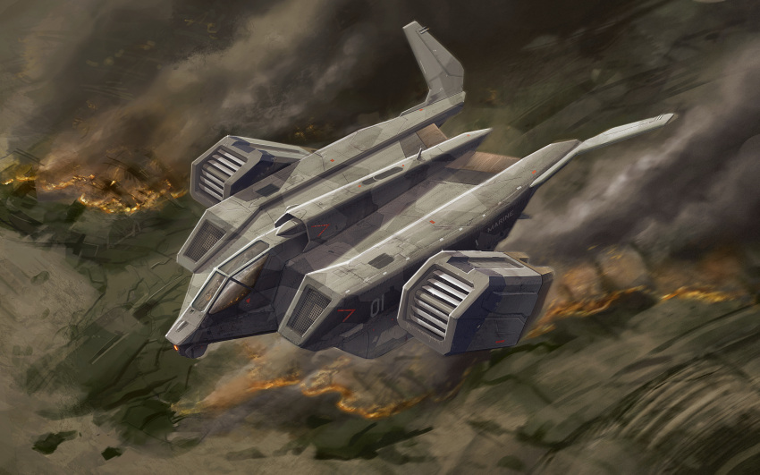 2others aircraft airplane blurry blurry_foreground burning canopy_(aircraft) commission english_commentary flying glowing gunship highres military military_vehicle multiple_others outdoors pilot pilot_helmet pilot_suit pvtskwerl science_fiction smoke vehicle_focus vtol xenonauts