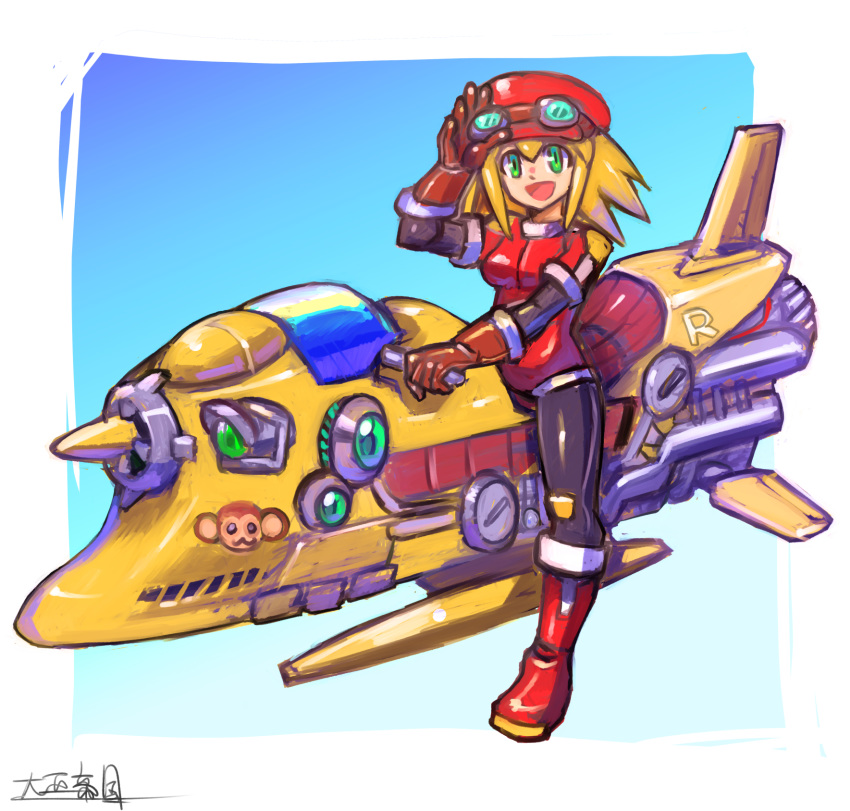 blonde_hair breasts brown_gloves cabbie_hat female gloves green_eyes ground_vehicle hat highres long_hair looking_at_viewer mega_man_(series) mega_man_legends_(series) motor_vehicle oomasa_teikoku open_mouth red_hat roll_caskett_(mega_man) smile solo