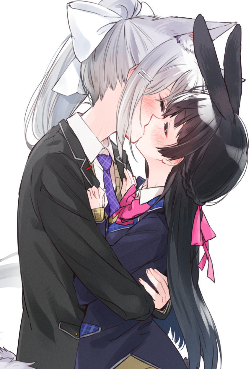 2girls animal_ear_fluff animal_ears black_hair black_jacket blazer blush bow bowtie closed_eyes commentary_request french_kiss from_side grey_hair hair_ornament hair_ribbon hairbow hairclip highres higuchi_kaede higuchi_kaede_(1st_costume) hug jacket kemonomimi_mode kissing long_hair long_sleeves mole mole_under_eye multiple_girls myama necktie nijisanji pink_bow pink_bowtie pink_ribbon ponytail purple_necktie rabbit_ears ribbon school_uniform simple_background tsukino_mito tsukino_mito_(1st_costume) very_long_hair virtual_youtuber white_background white_bow yuri