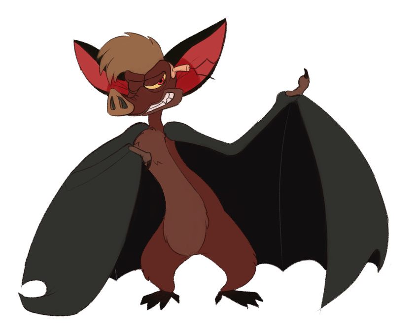 anthro bat bat_wings batty_koda black_wings brown_body brown_fur brown_hair featureless_crotch ferngully fur hair hi_res hvost looking_at_viewer male mammal membrane_(anatomy) membranous_wings nude on_model one_eye_closed smile solo standing toony wings