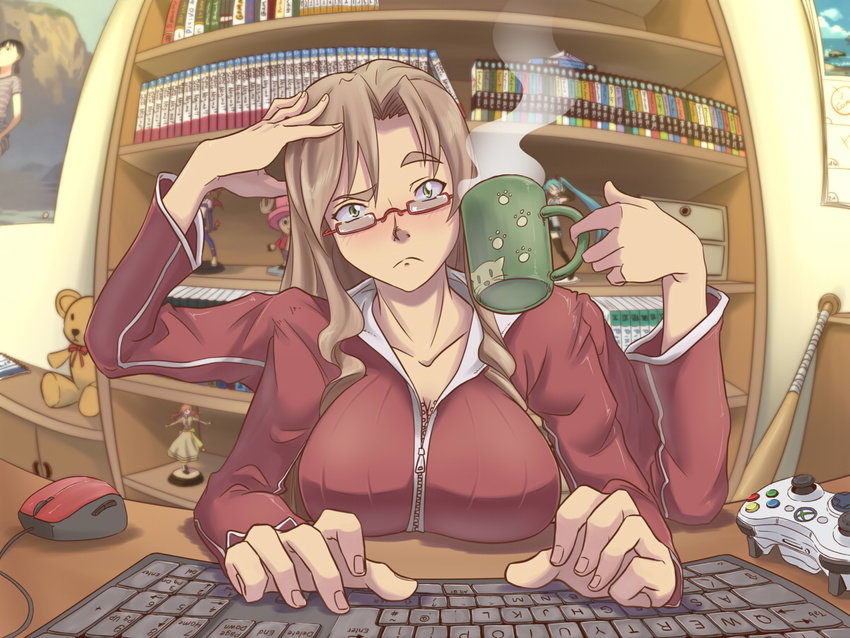 baseball_bat bookshelf breast_rest breasts brown_hair coffee_mug commentary computer_keyboard computer_mouse controller cup extra_arms eyebrows female figure fisheye frown game_controller gammatelier glasses green_eyes hand_on_own_head head_tilt holding holding_cup indoors jacket large_breasts long_hair long_sleeves looking_at_viewer manga_(object) merchandise mug original otaku_room paw_print poster_(object) print_mug red-framed_eyewear red_jacket semi-rimless_eyewear shelf solo steam stuffed_animal stuffed_toy teddy_bear track_jacket typing under-rim_eyewear zipper