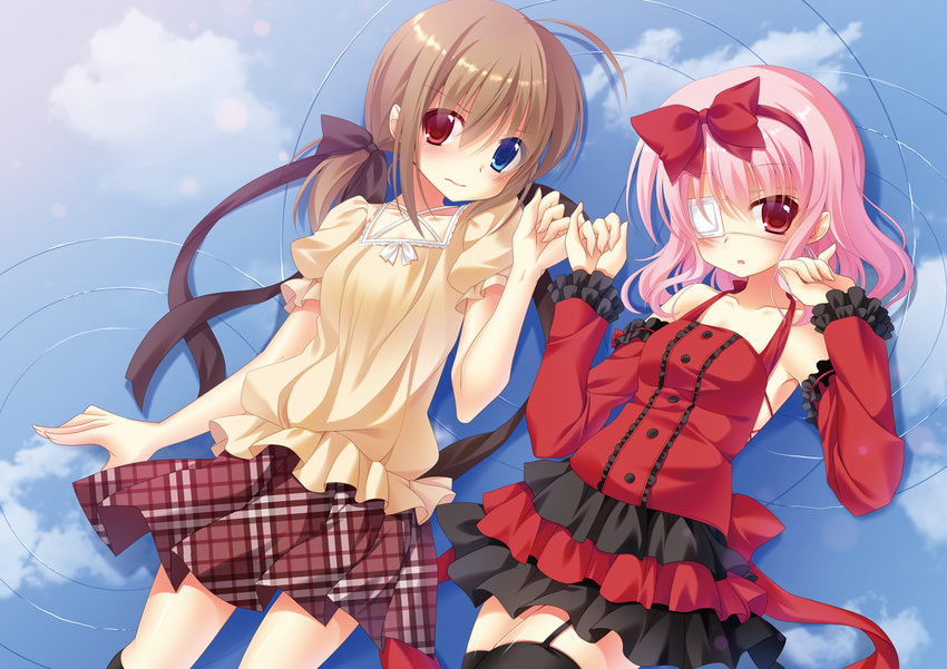 2girls brown_hair collarbone commentary_request eyepatch frilled_skirt frills hair_ornament hair_ribbon hairband heterochromia long_hair looking_at_viewer multiple_girls nakada_rumi original pink_hair pinky_swear pleated_skirt ponytail red_eyes ribbon short_hair skirt