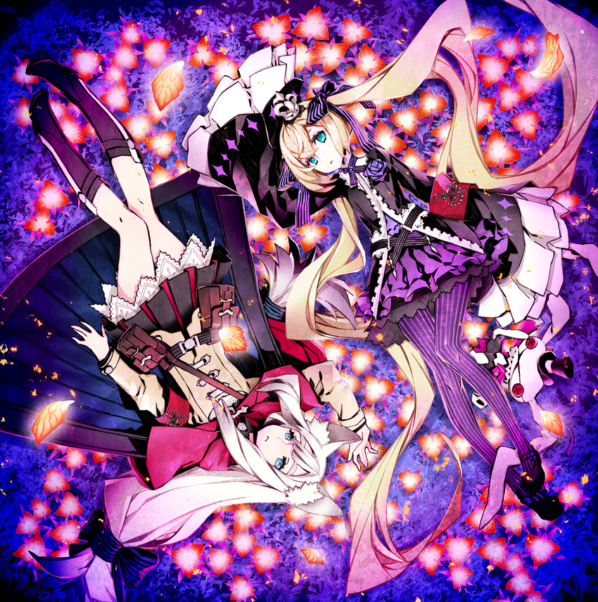 2girls 7th_dragon_(series) 7th_dragon_2020 7th_dragon_2020-ii album_cover blue_eyes chelsea_(7th_dragon) chitrine_(7th_dragon) commentary_request cover dress hacker_(7th_dragon) highres long_hair lucier_(7th_dragon) lying miwa_shirow multiple_girls photoshop_(medium) twintails very_long_hair