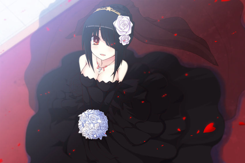 alternate_hairstyle bad_id bad_pixiv_id bare_shoulders black_hair bouquet breasts cleavage collarbone cross date_a_live dress elbow_gloves female flower gloves hair_ornament highres looking_at_viewer medium_breasts open_mouth petals photoshop_(medium) red_eyes rose see-through short_hair solo star_(symbol) tokisaki_kurumi uiu veil wedding_dress