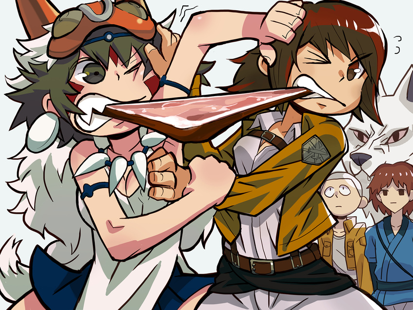 27_degrees 2boys 2girls ashitaka belt brown_hair conny_springer crossover eating facial_mark fighting food jacket kodama meat mononoke_hime multiple_boys multiple_girls necklace one_eye_closed san sasha_braus shingeki_no_kyojin