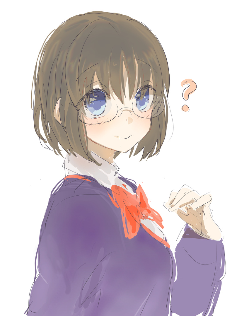 ? blue_eyes blush breasts brown_hair fate/prototype fate_(series) female glasses ribbon sajou_ayaka short_hair smile