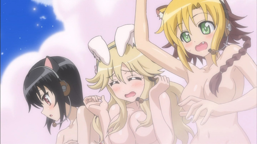 3girls animal_ears bunny_ears cat_ears convenient_censoring dog_days jaune_clafoutis multiple_girls noir_vinocacao nude screencap tiger_ears vert_farbreton