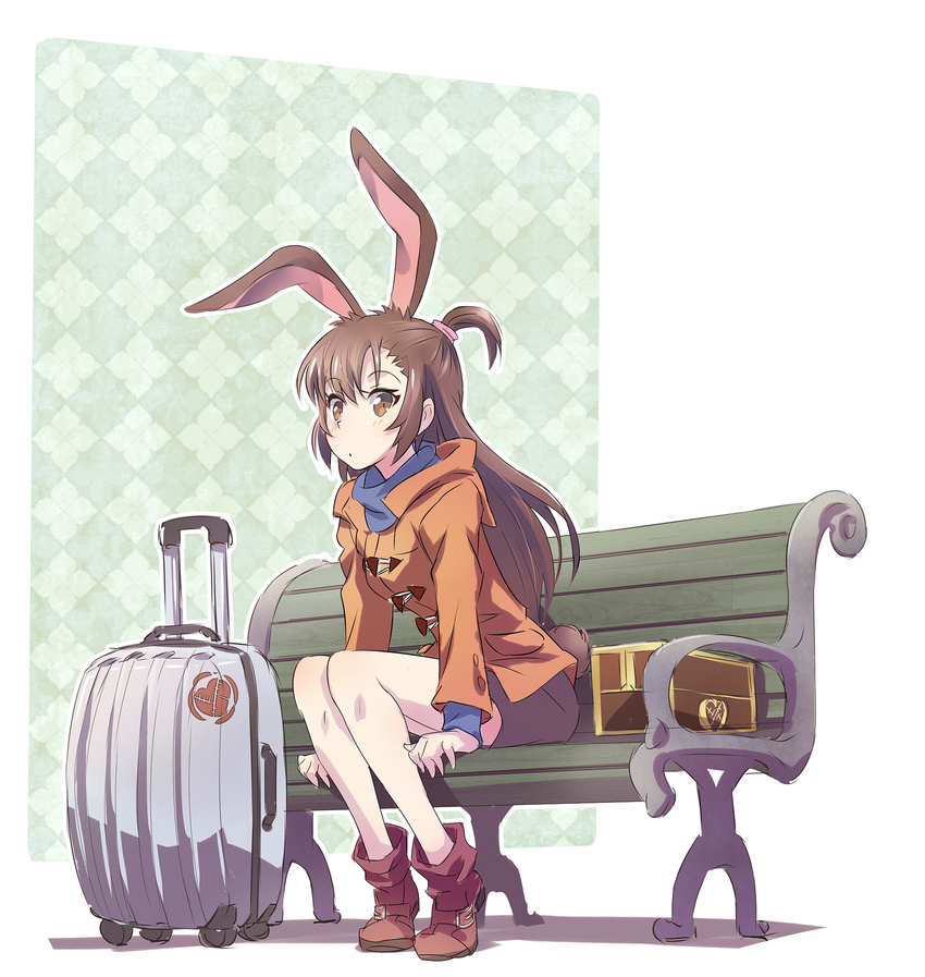 animal_ears ankle_boots bench black_skirt boots box brown_coat brown_eyes brown_footwear brown_hair buckle coat commentary cosplay duffel_coat female half_updo han_megumi highres iesupa jacket kagari_atsuko kagari_atsuko_(cosplay) leaning_forward little_witch_academia long_hair long_sleeves looking_at_viewer luggage miniskirt rabbit_ears rabbit_girl rabbit_tail rolling_suitcase rwby sitting skirt solo suitcase tail velvet_scarlatina voice_actor_connection