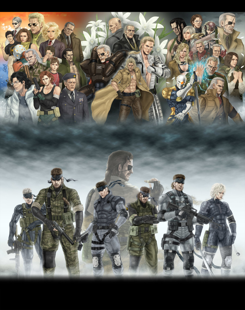 6+boys 6+girls amanda_valenciano_libre assault_rifle bad_id bad_pixiv_id big_boss camouflage commentary_request cyborg cyborg_ninja emma_emmerich eva_(metal_gear) everyone flower frank_jaeger gray_fox gun hal_emmerich handgun headband highres holster hot_coldman huey_(metal_gear) kazuhira_miller kojima_hideo lily_(flower) liquid_snake load_bearing_equipment load_bearing_vest m1911 m4_carbine major_zero meryl_silverburgh metal_gear_(series) metal_gear_solid metal_gear_solid_2:_sons_of_liberty metal_gear_solid_3:_snake_eater metal_gear_solid_4:_guns_of_the_patriots metal_gear_solid_v:_the_phantom_pain multiple_boys multiple_girls multiple_persona naked_snake ninja old_snake para-medic_(mgs3) paz_ortega_andrade raiden_(metal_gear) ramon_galvez_mena revolver_ocelot rifle roy_campbell sneaking_suit solid_snake solidus_snake spie_harness stabo_harness strangelove sunny_emmerich suppressor tera_(no_reason) the_boss thigh_holster tropical_camouflage vamp_(metal_gear) venom_snake weapon yevgeny_borisovitch_volgin