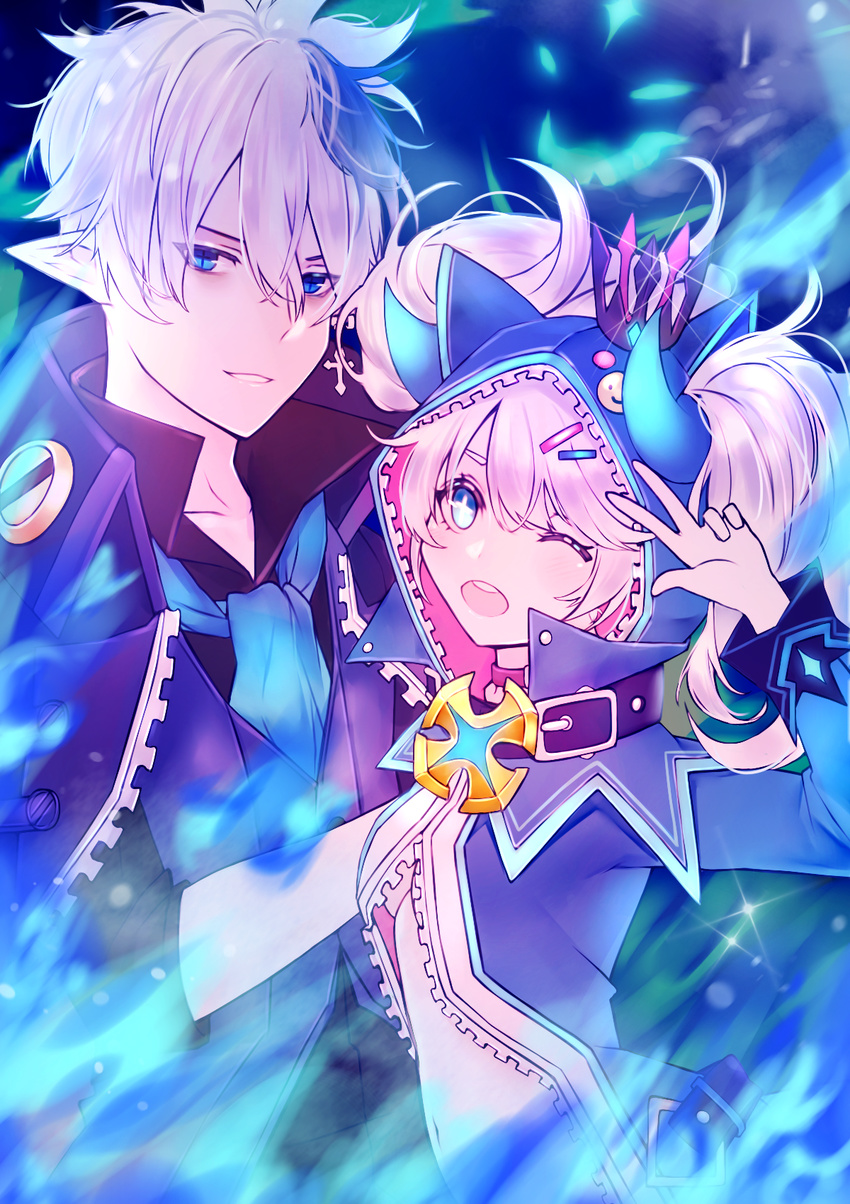 1boy ;d ascot bad_id bad_pixiv_id bishounen blue_eyes blue_hair blue_horns blue_theme buckle chiliarch_(elsword) ciel_(elsword) coat crown dreadlord_(elsword) elsword female hair_ornament hairclip highres hood horns lium long_hair looking_at_viewer luciela_r._sourcream mini_crown multicolored_hair one_eye_closed open_mouth pale_skin pointy_ears smile streaked_hair twintails two-tone_hair v white_hair