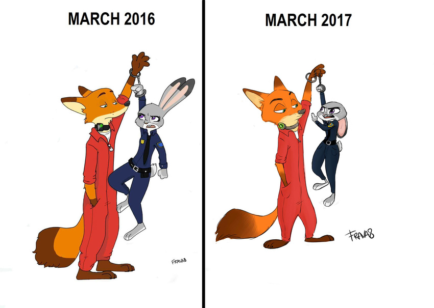 2016 2017 angry anthro bound bound_together canid canine clothed clothing collar comparison cuff_(restraint) disney duo female fox frava8 half-closed_eyes handcuffs hi_res judy_hopps lagomorph larger_male leporid lifting male mammal metal_cuffs narrowed_eyes nick_wilde police police_uniform prison_uniform rabbit red_fox restraints shackles simple_background size_difference smaller_female true_fox uniform white_background zootopia