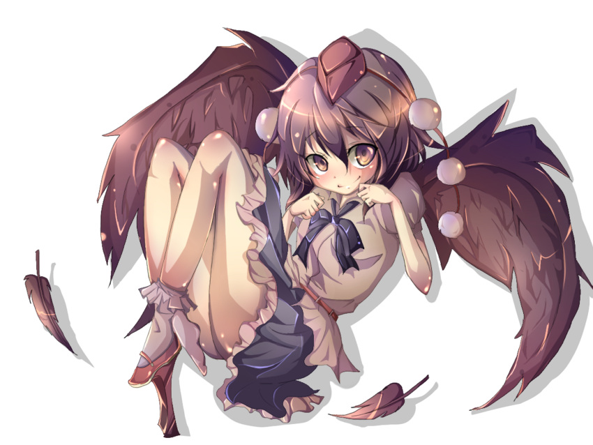 bad_id bad_pixiv_id black_hair black_wings blush brown_eyes feathers female fuabio full_body geta hat highres looking_at_viewer ribbon shameimaru_aya shoes short_hair single_shoe skirt solo tengu-geta tokin_hat touhou transparent_background wings