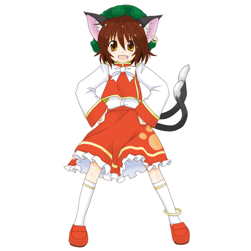 animal_ears bad_id bad_pixiv_id brown_hair cat_ears cat_tail chen eku female full_body hat highres multiple_tails solo tail touhou transparent_background