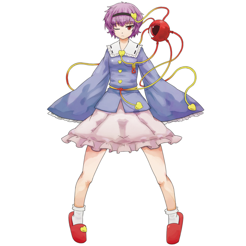 atomic-ray commentary_request eyeball female full_body hairband heart highres komeiji_satori one_eye_closed purple_hair red_eyes ribbon short_hair simple_background slippers solo third_eye touhou transparent_background