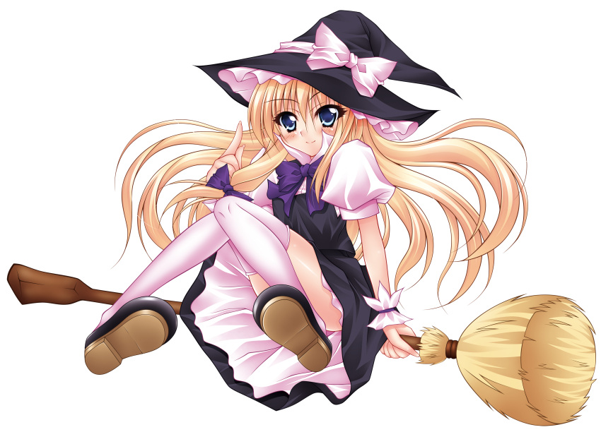 absurdres blonde_hair blue_eyes blush bow broom commentary_request female fukunaga_yukito full_body hat highres kirisame_marisa long_hair ribbon solo touhou transparent_background witch_hat