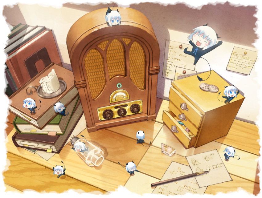 6+girls blue_eyes book candle chibi coin commentary_request copyright_request demon_girl desk horns multiple_girls paper pencil radio rh tail white_hair wooden_pencil