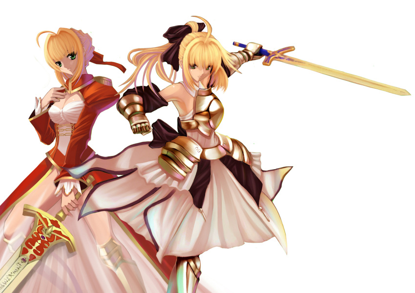 2girls ahoge armor armored_dress artoria_pendragon_(fate) blonde_hair caliburn_(fate) commentary_request dress epaulettes fate/extra fate/stay_night fate/unlimited_codes fate_(series) green_eyes highres multiple_girls nero_claudius_(fate) nero_claudius_(fate/extra) paku photoshop_(medium) ribbon saber_lily sword weapon