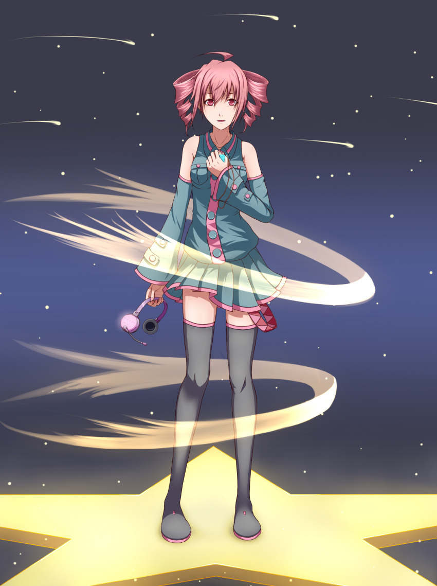 absurdres asuto3 commentary_request detached_sleeves drill_hair female headset highres kasane_teto pink_eyes pink_hair skirt solo star_(symbol) thighhighs twin_drills twintails utau wind