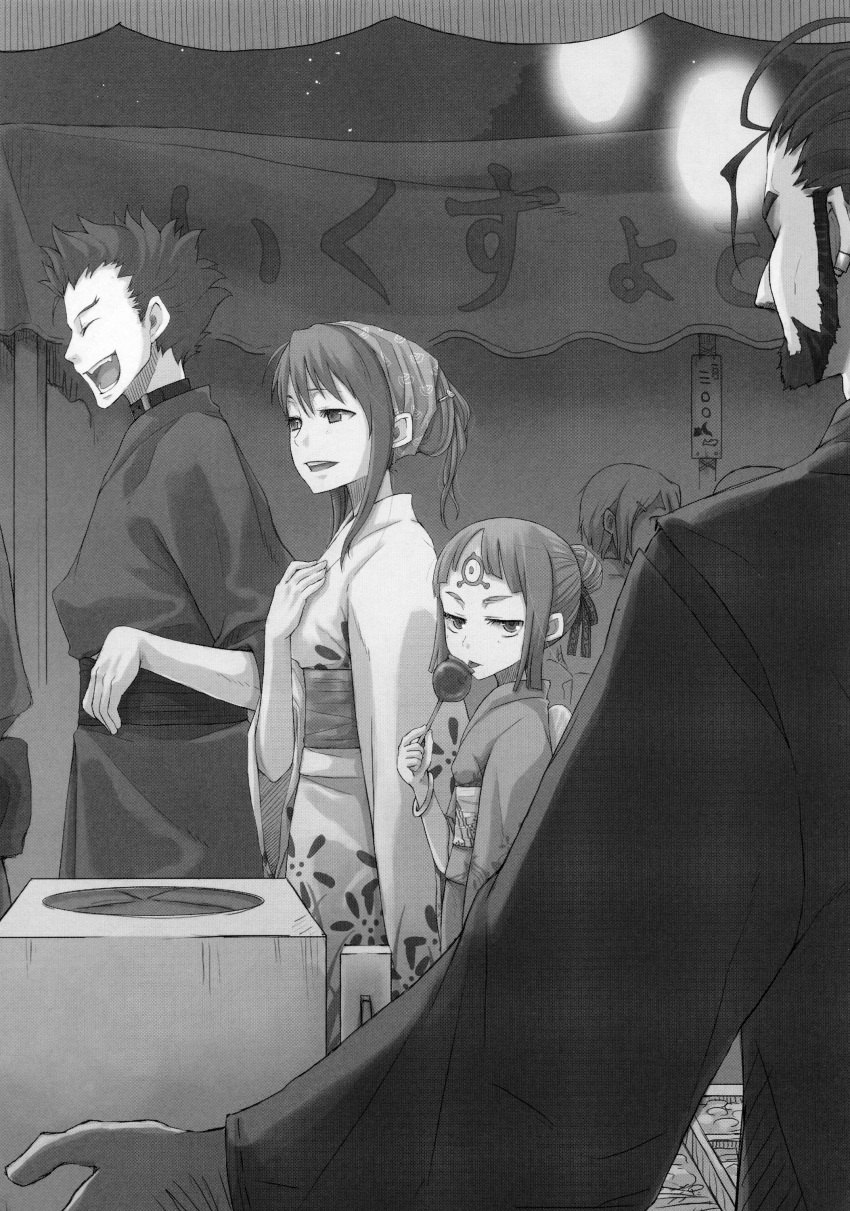 2boys 2girls absurdres artbook ayakura_juu festival food fuuka_(gouma_reifuden_izuna) gouma_reifuden_izuna greyscale hair_up highres japanese_clothes kagen_(gouma_reifuden_izuna) kimono monochrome multiple_boys multiple_girls official_art short_hair shuuchi_(gouma_reifuden_izuna) suiren_(gouma_reifuden_izuna)