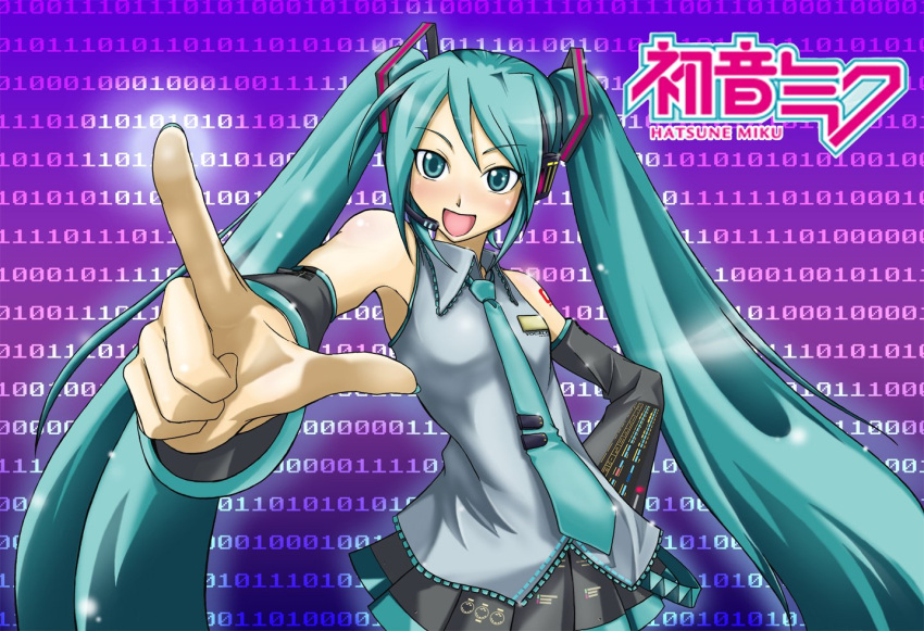 aqua_eyes aqua_hair commentary_request detached_sleeves fcmokuba female hatsune_miku long_hair necktie solo twintails very_long_hair vocaloid