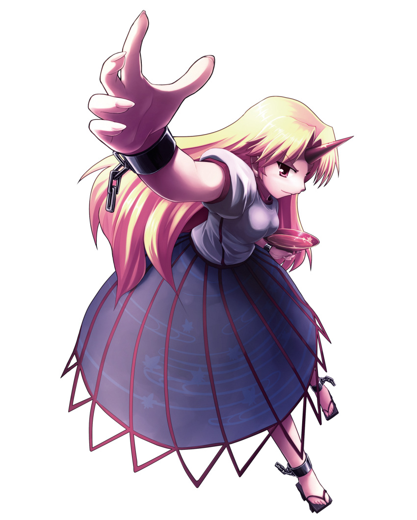 absurdres blonde_hair commentary_request female foreshortening full_body highres horns hoshiguma_yuugi long_hair md5_mismatch red_eyes single_horn solo tdk touhou transparent_background