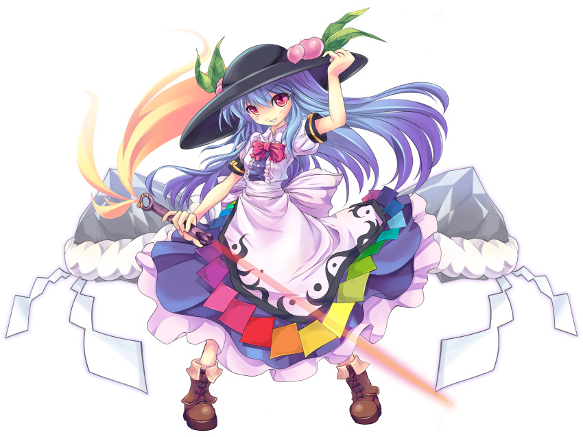 blue_hair commentary_request female food fruit full_body hat highres hinanawi_tenshi long_hair ms06s peach red_eyes solo sword sword_of_hisou touhou transparent_background weapon