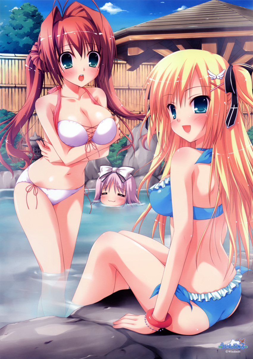 3girls :3 =_= absurdres antenna_hair aqua_eyes bikini blonde_hair blue_eyes blush bow bracelet breast_hold breasts brown_hair day frilled_bikini frills front-tie_top hair_ornament hair_ribbon hairbow highres iro_ni_ide_ni_keri_waga_koi_wa jewelry kaede_yuzuna large_breasts long_hair looking_at_viewer looking_back multiple_girls narumi_yuu_(bunbukudou) onsen open_mouth outdoors paint.net_(medium) purple_hair ribbon same-sex_bathing shared_bathing short_hair short_twintails side-tie_bikini_bottom sitting smile soaking_feet suzueda_komachi swimsuit tenjou_rio tree twintails very_long_hair wading water windmill_(company) wristband