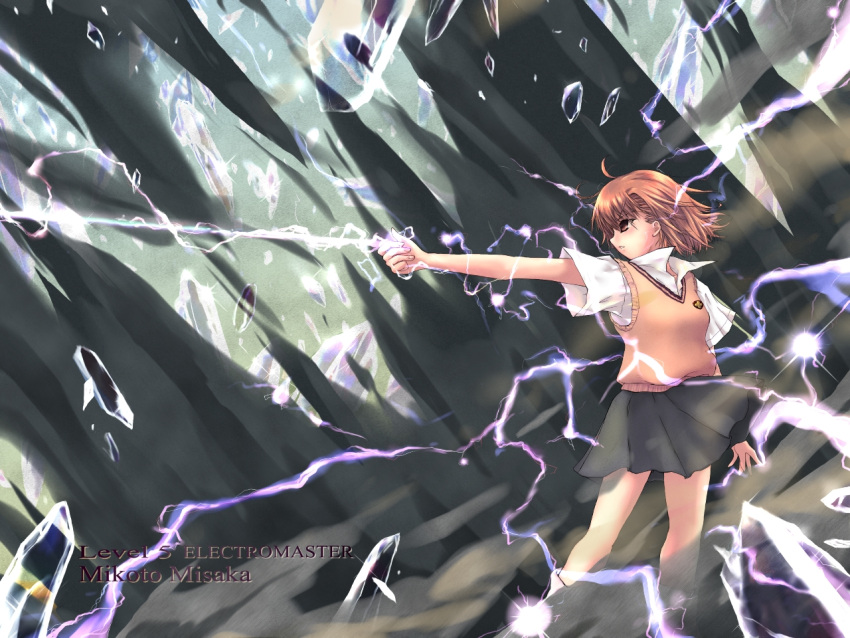 aiming attack beam brown_eyes brown_hair brown_sweater brown_sweater_vest brown_vest commentary_request electricity electrokinesis emblem female firing magnetism medium_hair metal metal_sand misaka_mikoto outstretched_arm pleated_skirt psychic railgun_(misaka_mikoto) school_emblem school_uniform science_fiction skirt sleeveless sleeveless_sweater solo summer_uniform sweater sweater_vest tam toaru_kagaku_no_railgun toaru_majutsu_no_index tokiwadai_school_uniform vest