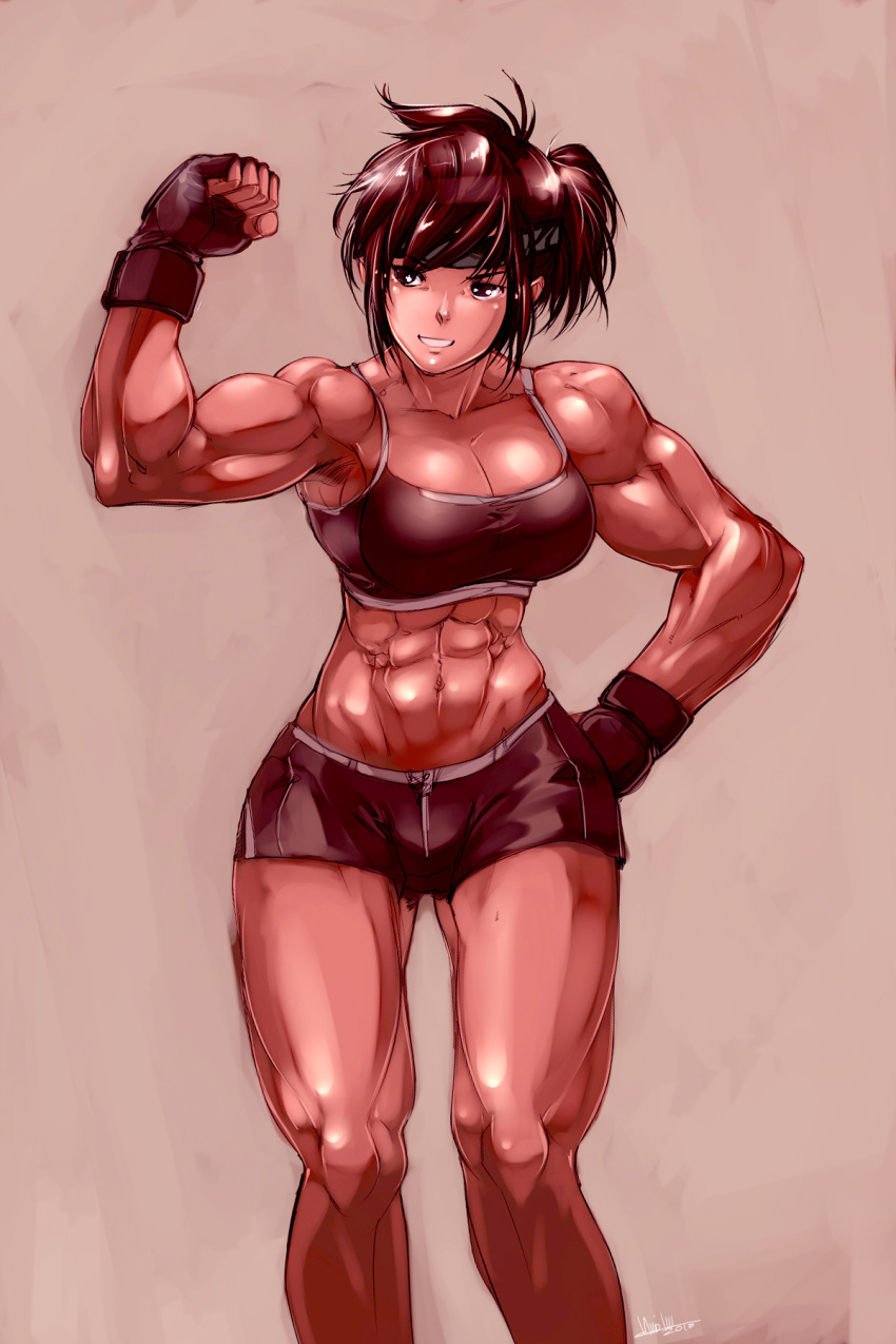 abs antenna_hair armpits biceps breasts brown_eyes brown_hair cleavage clenched_hand commentary daimon_akiko david_liu english_commentary female fingerless_gloves flexing gloves grin hand_on_own_hip headband highres large_breasts legs looking_away midriff muscular muscular_female narrow_waist navel obliques photoshop_(medium) ponytail pose raised_fist short_hair short_shorts shorts sidelocks signature simple_background smile solo sports_bra standing taisen_hot_gimmick taisen_hot_gimmick_4ever thick_thighs thighs wide_hips